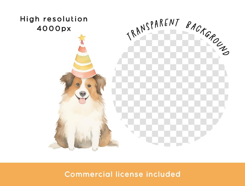 May include: Watercolor illustration of a happy dog wearing a party hat with a star. The dog has brown, white, and tan fur. Text includes "High resolution 4000px", "Transparent background", and "Commercial license included".