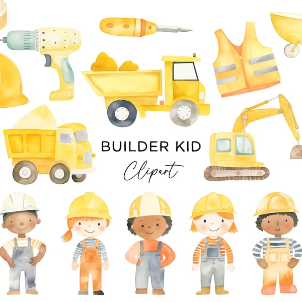 Builder Clipart Bundle, Construction Vehicles PNG Watercolor Digger Excavator Dump Truck Hard Hat Tools Commercial Use Digital Download