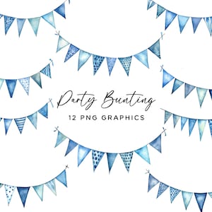 Bunting Clipart Bundle, Watercolor Pastel Flag PNG Digital Download Blue Bunting, Baby Shower Birthday Invitations Planner Commercial Use