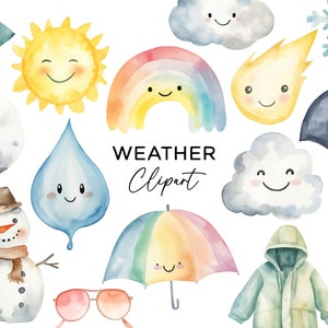 Weather Clipart Bundle, Watercolor Sun Cloud Rainbow Umbrella Moon Rain Illustrations PNG Graphics for Kids Crafts Invitations Scrapbooking