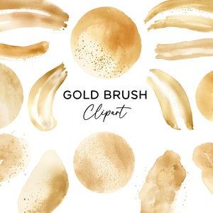 May include: A set of 12 gold watercolor brush strokes and circles. The brush strokes are in various sizes and shapes, and the circles are all round. The colors are a mix of light and dark gold, with some glitter accents.