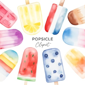 May include: Watercolor illustration of 10 popsicles on a white background. The popsicles are in various colors and flavors, including red, blue, yellow, green, and orange. The popsicles are all on sticks and have a watercolor effect.