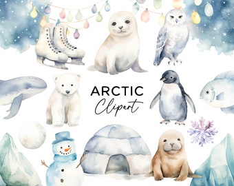 Arctic Animals Clipart Bundle - Watercolor Seal Penguin Whale Iceberg PNG Graphics for Invitations Stickers Scrapbooking Commercial Use