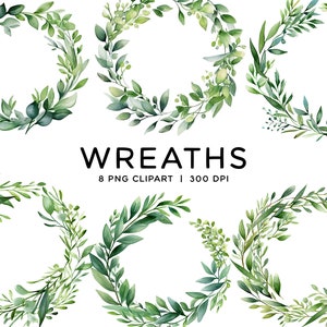 Bundle de cliparts couronne de verdure, aquarelle feuille Arrangements PNG botanique Noël usage Commercial pour les faire-part de mariage graphiques festifs