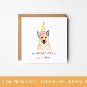 May include: A birthday card featuring a watercolor illustration of a dog wearing a party hat. The card reads "Happy Birthday to a special little girl" and includes the name "Lucia Rosa". The card is on a brown background.