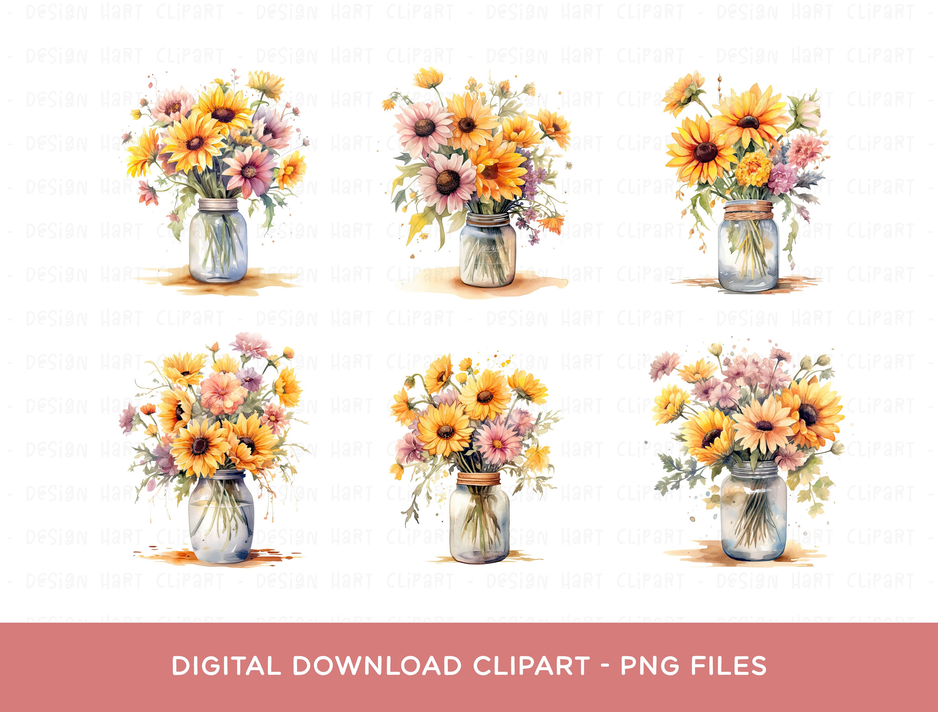 Sunflowers Vase Clipart Bundle, Watercolor PNG Sublimation Digital ...