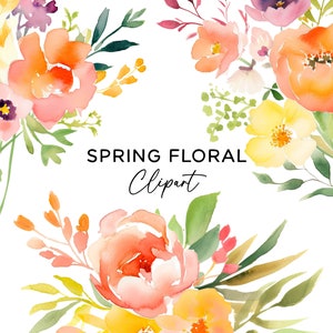 Blumenstrauß Clipart Bundle, Aquarell Orange Gelb Lila Blumen, PNG für kommerzielle Nutzung, Frühling Sommer Hochzeit Geburtstagseinladungen