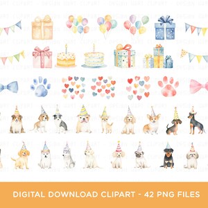 May include: Watercolor clipart set featuring birthday-themed elements. Includes gift boxes, balloons, cake, bow ties, paw prints, hearts, and dogs wearing party hats. The text at the bottom reads "DIGITAL DOWNLOAD CLIPART - 42 PNG FILES".