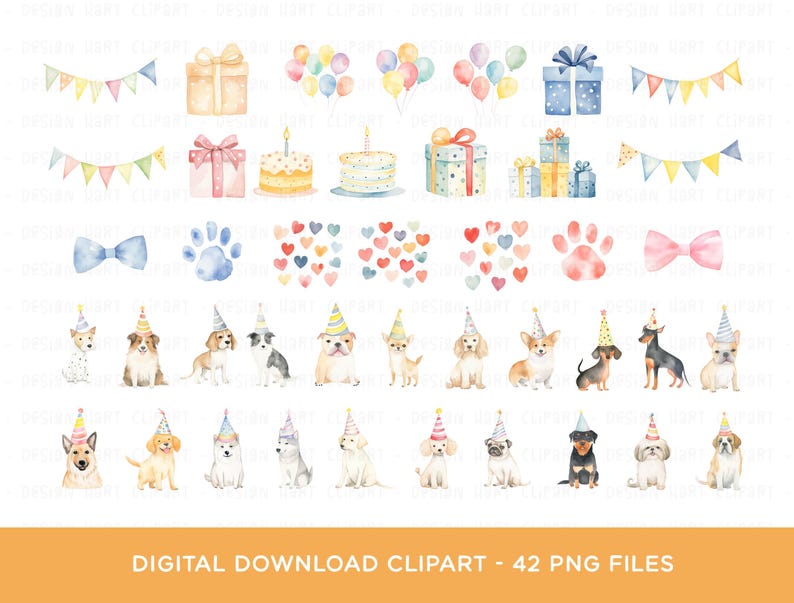 May include: Watercolor clipart set featuring birthday-themed elements. Includes gift boxes, balloons, cake, bow ties, paw prints, hearts, and dogs wearing party hats. The text at the bottom reads "DIGITAL DOWNLOAD CLIPART - 42 PNG FILES".
