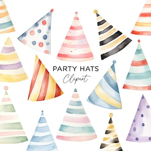 Partyhüte Clipart Bundle, PNG Grafiken Digital Download Aquarell Bunt Geburtstag Partyhüte für Einladungen oder Aufkleber Kommerzielle Nutzung