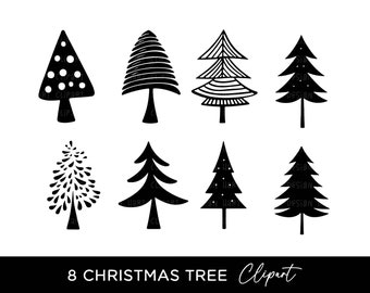 Christmas Tree Clipart Bundle, PNG SVG Black & White Silhouettes Digital Download Commercial Use Xmas Holiday Sublimation Graphics Clip Art