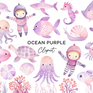 Ozean-Clipart-Bundle, unter den Meeresbewohnern Schildkrötenfische Delfin Korallenschale Seestern Rosa Lila Mädchen PNG Digitaler Download kommerzielle Nutzung