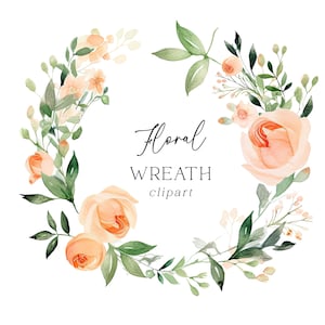 Couronne de fleurs Clipart - aquarelle pêche Orange Rose botanique PNG pour faire-part de mariage, cartes de voeux, art mural en téléchargement numérique des cliparts