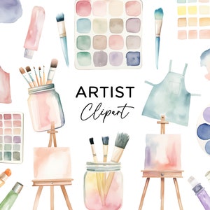 Kunstenaar clipart bundel-aquarel kunst klasse penseel ezel canvas clip art PNG graphics voor uitnodigingen scrapbooking commercieel gebruik