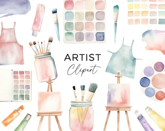 May include: Watercolour clipart set featuring art supplies, including paintbrushes, paint tubes, palettes, and easels. The set also includes two aprons, one pink and one blue, and a jar of paintbrushes.