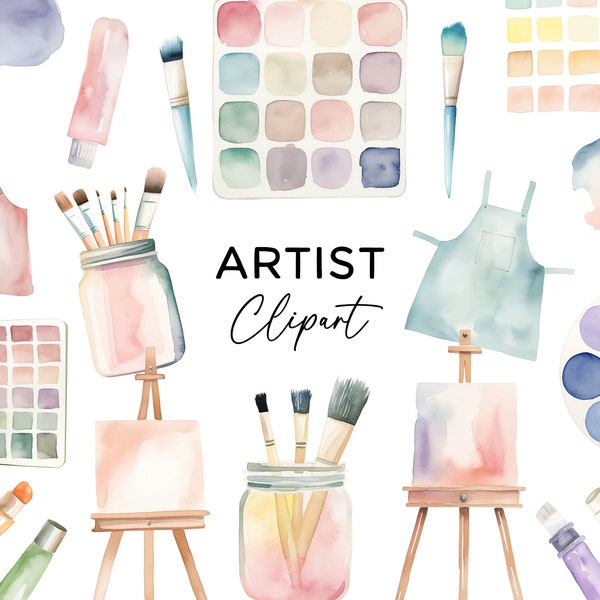 Artist Clipart Bundle - Watercolor Art Class Paintbrush Easel Canvas Clip Art PNG Graphics for Invitations Scrapbooking Commercial Use