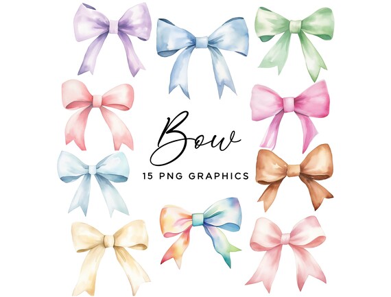 Bow Clipart Bundle - Colorful Watercolor Pastel Rainbow Hand Painted Bows PNG Graphics for Girl Birthday Party Invitations Stickers Crafts