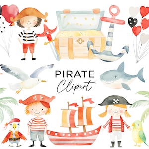 Conjunto de clipart pirata, aquarela PNG gráficos uso comercial festa pirata navio tesouro âncora náutica para crianças cartões de convites de aniversário