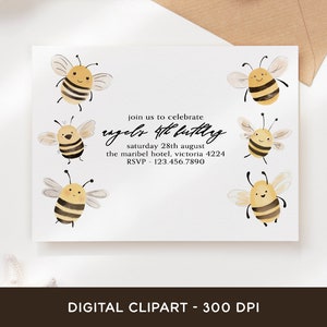 May include: A white invitation card with a bee theme. The card has a handwritten message that says "Join us to celebrate Ragel's 4th Birthday". The card also includes the date, location, and RSVP information. There are six cartoon bees on the card, each with a yellow body, black stripes, and a smiling face.