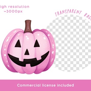 Op de afbeelding: Een roze aquarel pompoen met een uitgesneden jack-o'-lantern gezicht. De pompoen heeft een bruine steel en staat tegen een transparante achtergrond. Tekst bevat "Hoge resolutie ~3000px" en "Commerci&euml;le licentie inbegrepen."