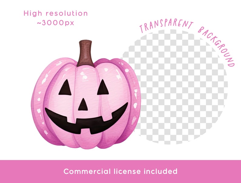 Op de afbeelding: Een roze aquarel pompoen met een uitgesneden jack-o'-lantern gezicht. De pompoen heeft een bruine steel en staat tegen een transparante achtergrond. Tekst bevat "Hoge resolutie ~3000px" en "Commerci&euml;le licentie inbegrepen."