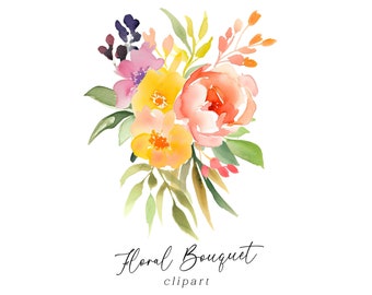 Flower Bouquet Clipart - Watercolor Floral Bunch PNG, Digital Download for Commercial Use, Spring Flowers Yellow Orange for Invitations