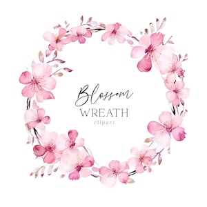 Blossom Wreath Clipart, Watercolor Cherry Pink Floral PNG Digital Download for Commercial Use Botanical Spring Flowers for Invitations