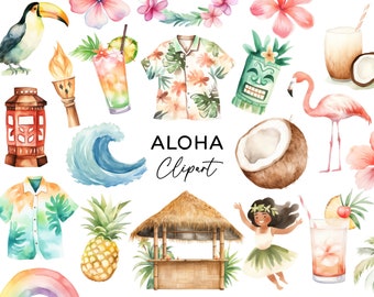 Hawaiian Clipart Bundle - Watercolor Aloha Tropical Summer Elements, Tiki Hut Pineapple Waves Toucan Lei Cocktails Flamingo Beach PNG Files