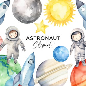 Paquete de imágenes prediseñadas de astronauta, gráficos PNG de acuarela, descarga digital uso comercial para invitaciones Planet Galaxy Rocket Ship espacio exterior