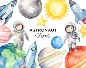 Astronaut Clipart Bundle, Watercolor PNG Graphics, Digital Download Commercial Use for Invitations Planet Galaxy Rocket Ship Outer Space