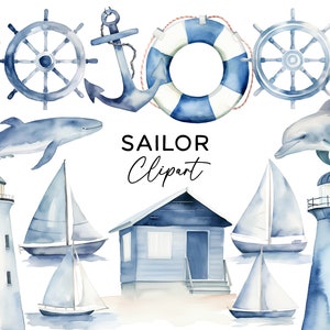 Sailor Clipart Bundle-Set, Aquarell Leuchtturm Anker Boot Strand Ozean Unterwasser Blau PNG Grafiken, digitaler Download für kommerzielle Nutzung