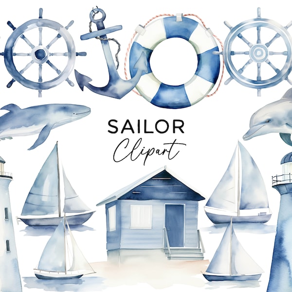 Sailor Clipart Bundle Set, Watercolor Lighthouse Anchor Boat Beach Ocean Underwater Blue PNG Graphics, Digital Download for Commercial Use