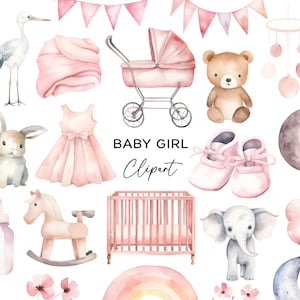 Paquete de imágenes prediseñadas de niña, acuarela bebé ducha pastel rosa cochecito cuna manta botella móvil sonajero PNG descarga digital archivos de uso comercial