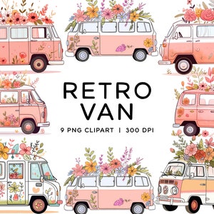 Retro Floral Van Clipart Bundle, Groovy Pastel Flowers PNG Digital Download Vintage Design Commercial Use Floral Van 70s Colorful Clip Art