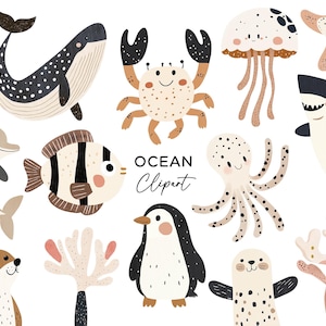May include: A set of charming ocean-themed clip art illustrations. The image includes a whale, crab, jellyfish, starfish, shark, dolphin, fish, octopus, penguin, sea lion, and coral. The text "OCEAN Clipart" is also present.