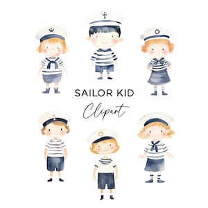Paquete de imágenes prediseñadas para niños marineros - Acuarela náutica Capitán niño y niña marineros PNG para invitaciones a fiestas infantiles Vivero Arte de pared Artesanía Comercial