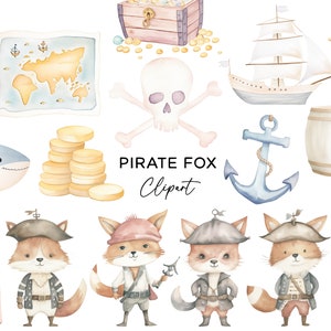 Piraten Clipart Bundle, Pirat Fuchs Schatzkarte Schiff Schädel nautisch für Kinder Party Einladungen PNG Aquarell Digitaler Download Kommerzielle Nutzung