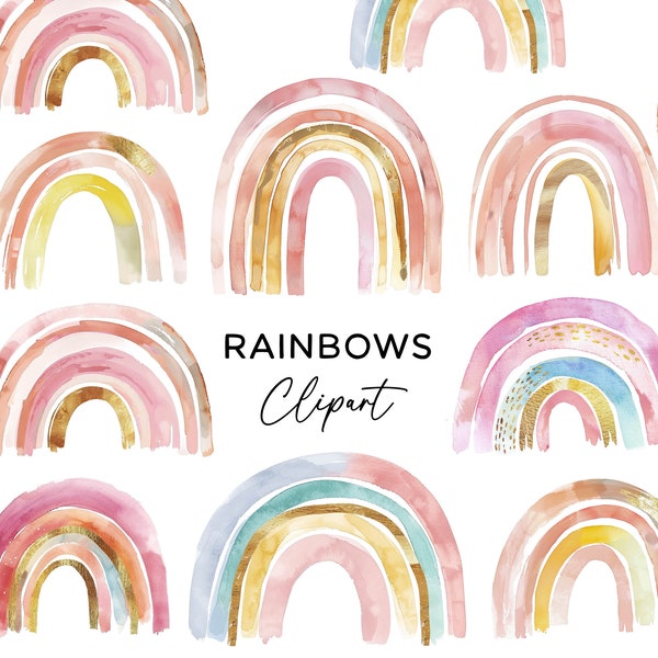 Rainbow Clipart Bundle, Boho Blush Pink & Metallic Gold Watercolor Rainbows PNG for Girls Birthday Invitations Wall Art Commercial Use DIY