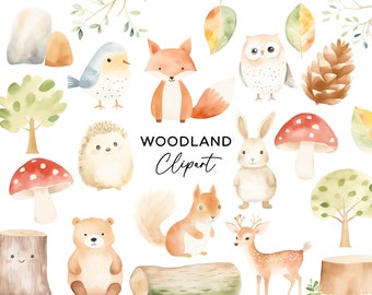 Woodland Animals Watercolor Clipart, Forest PNG Bundle Cute Fox Bear Squirrel Rabbit Owl Commercial Use Nursery Clip Art for Invitations