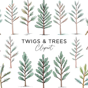 Pacchetto Clipart alberi, alberi e ramoscelli di cartoni animati ad acquerello PNG Natale pino foglie carine sublimazione grafica Download digitale uso commerciale