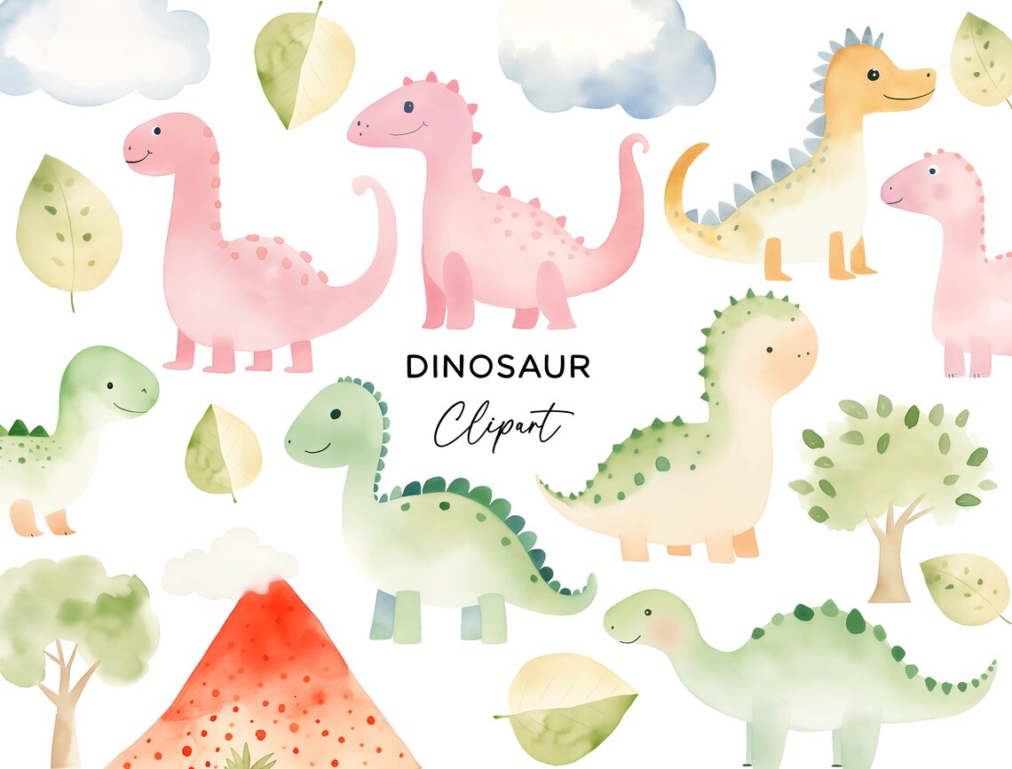 Dinosaur Clipart Bundle - Watercolor Jurassic Prehistoric Cute PNG ...