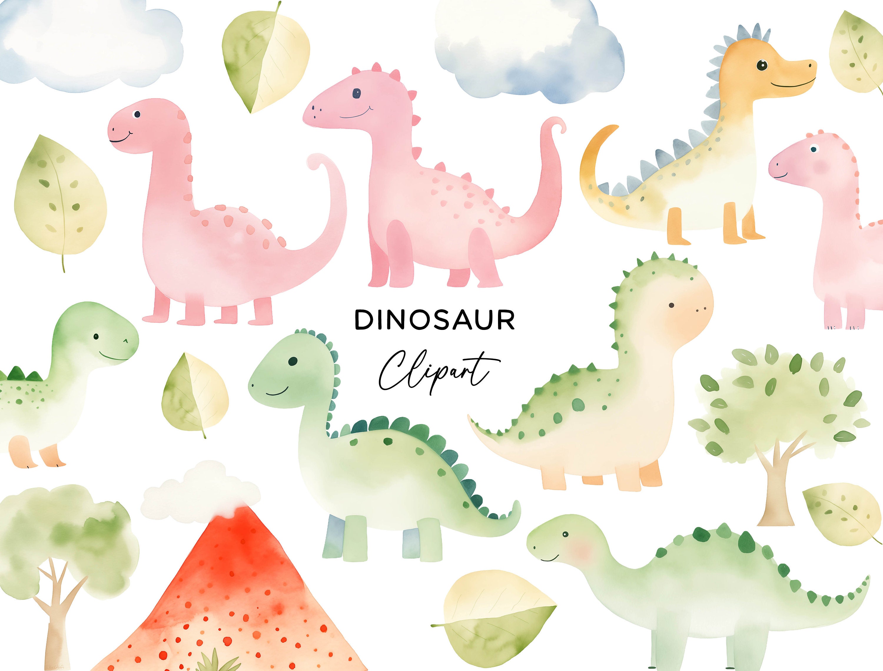 Dinosaur Clipart Bundle - Watercolor Jurassic Prehistoric Cute PNG ...