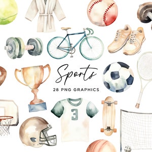 Bundle de cliparts sport - aquarelle ballons soccer football cricket basket-ball tennis vélo poids fichiers graphiques PNG usage commercial autorisé