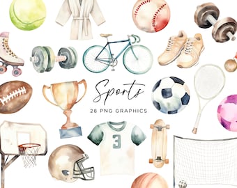 Zestaw clipartów sportowych - akwarelowe piłki piłka nożna futbol krykiet koszykówka tenis rower ciężarki pliki graficzne PNG dozwolone użycie komercyjne