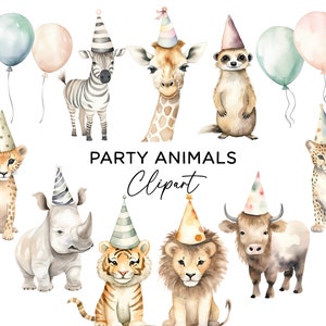 Feestdieren clipart bundel, aquarel Safari Jungle Zoo dieren met feestmutsen ballonnen Lion Zebra Giraffe Tiger Art PNG commercieel gebruik