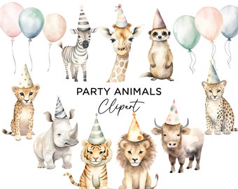 Party Animals Clipart Bundle, Watercolor Safari Jungle Zoo Animals with Party Hats Balloons Lion Zebra Giraffe Tiger Art PNG Commercial Use