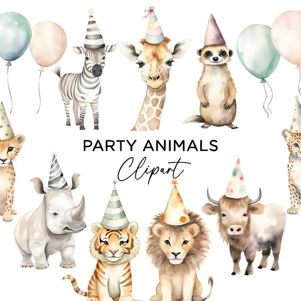 Party Animals Clipart Bundle, Watercolor Safari Jungle Zoo Animals with Party Hats Balloons Lion Zebra Giraffe Tiger Art PNG Commercial Use