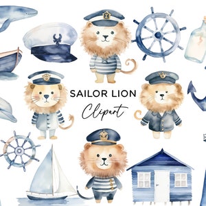 Pacchetto Clipart Sailor Lion, PNG nautico Capitano del faro dell'ancora della barca dell'acquerello per inviti per feste per bambini Arte della parete Uso commerciale fai da te