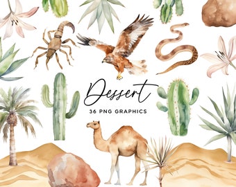 Desert Clipart Bundle - Outback Watercolor Camel Eagle Cactus Snake Scorpion Hand Painted PNG for Crafts Invitations Scrapbooking Commercial