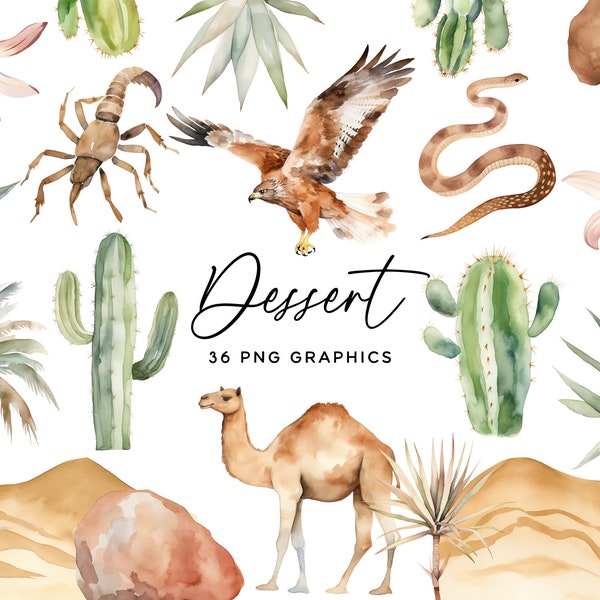 Desert Clipart Bundle - Outback Watercolor Camel Eagle Cactus Snake Scorpion Hand Painted PNG for Crafts Invitations Scrapbooking Commercial